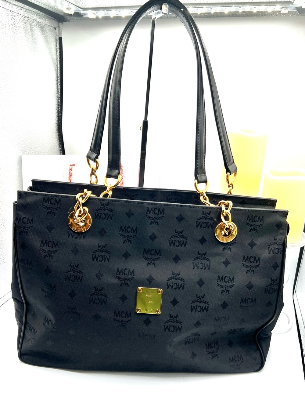 MCM Shoulder Tote with Gold Chain Accents